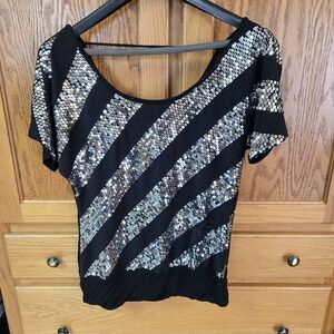 Le Cielo Stripe Sequin Short Sleeve Top Womens L Scoop Neck Black Silver